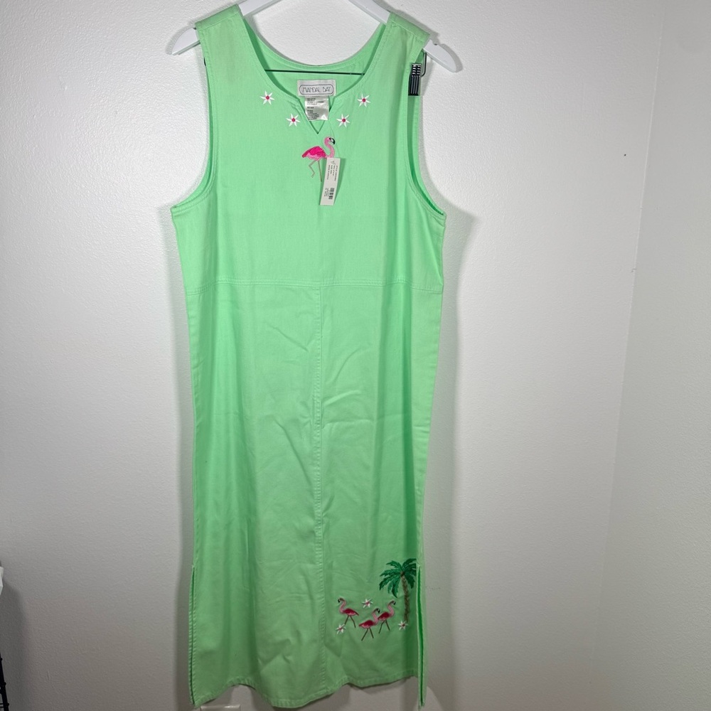 NWT Vintage 90s Madal Bay Flamingo Embroidered Maxi Dress Green Cotton Resort M